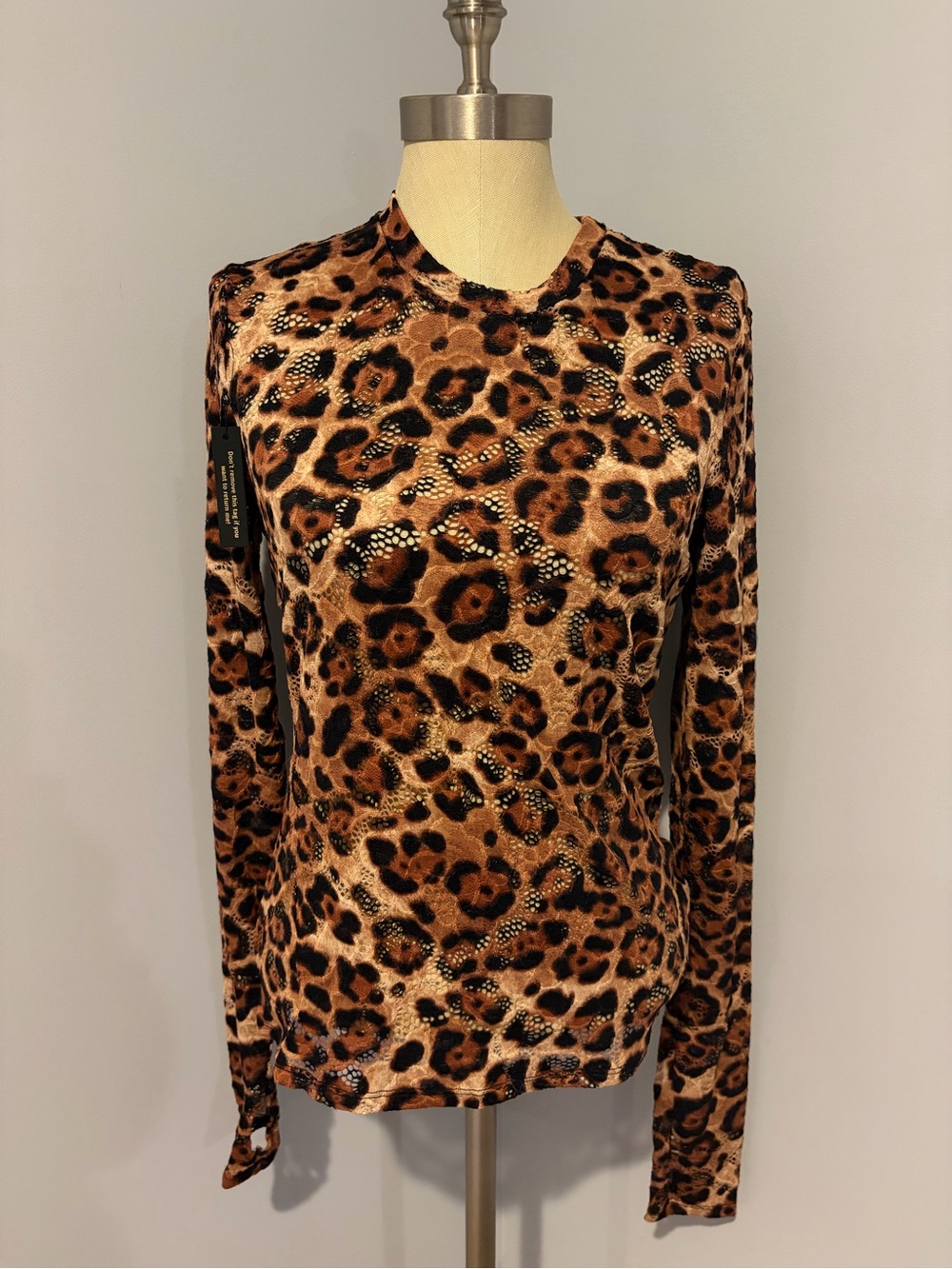 AFRM Leopard Print Long Sleeve Mesh Top in Brown & Black NWT